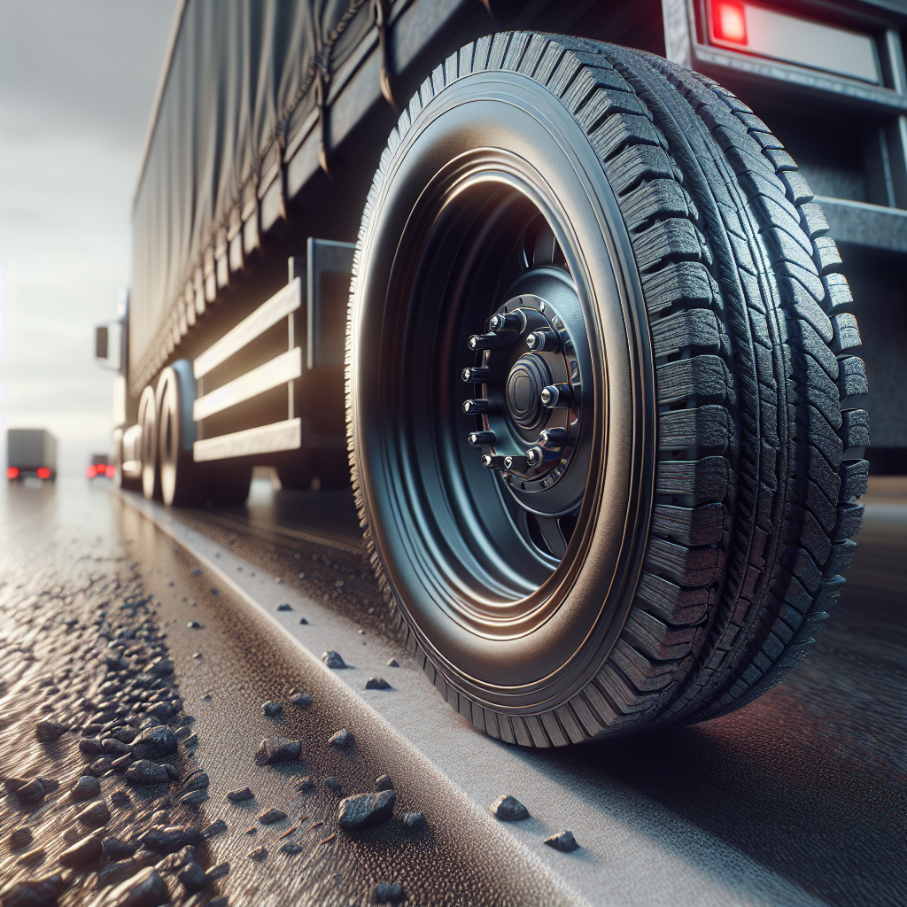 A close-up of a car tire on a road, showcasing its details and surrounding environment.