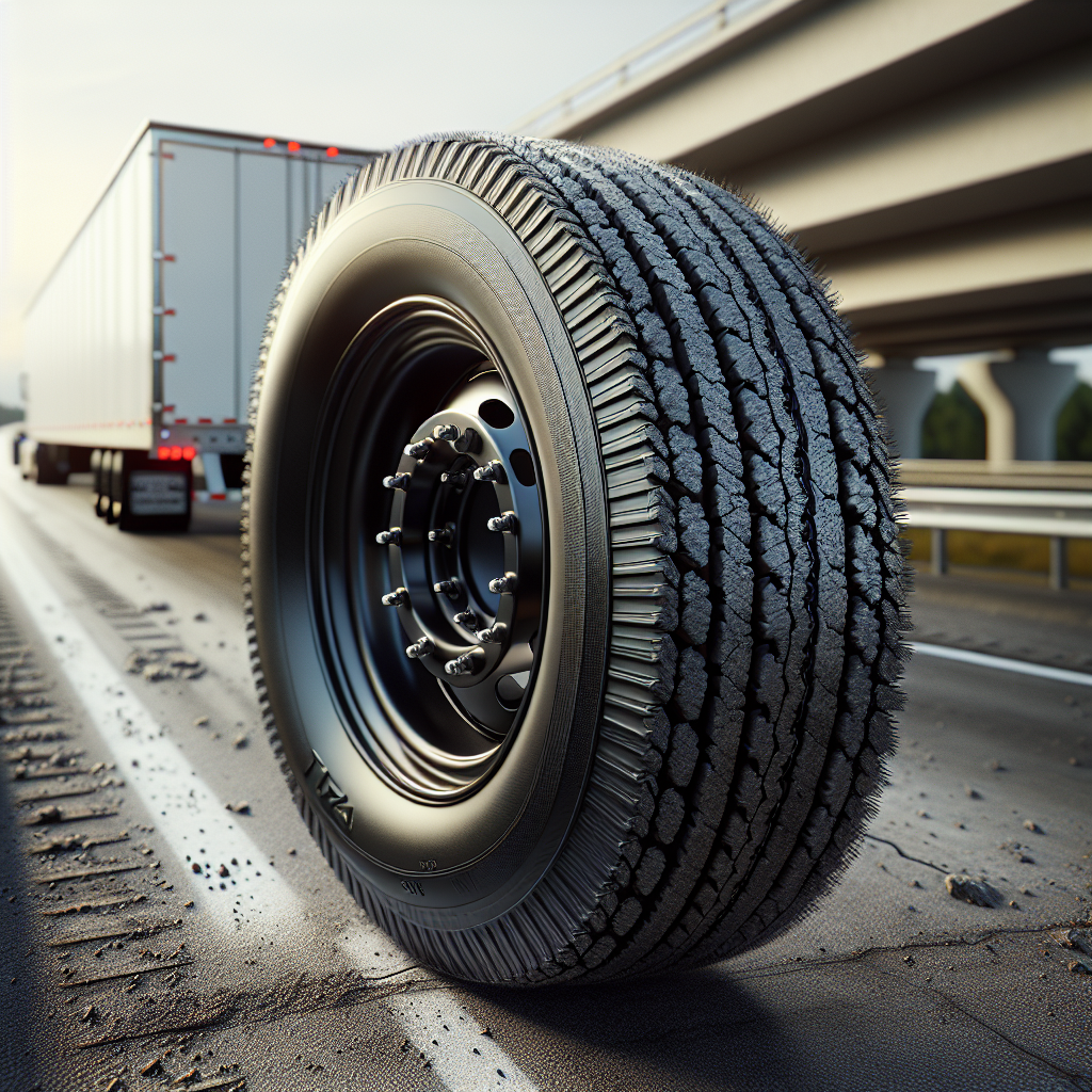 Close-up of a worn trailer tire with cracks and uneven tread depth on a blurred highway background.