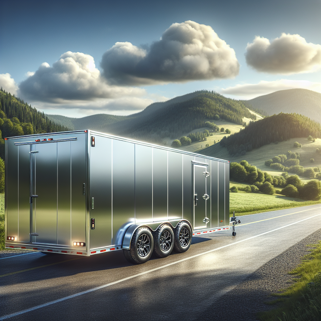 A trailer with high-quality tires parked on a scenic road surrounded by green hills and blue skies.