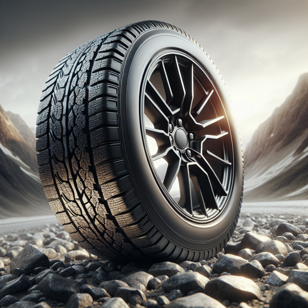 A close-up view of an automotive tire on a gravel road, showing detailed tread patterns.