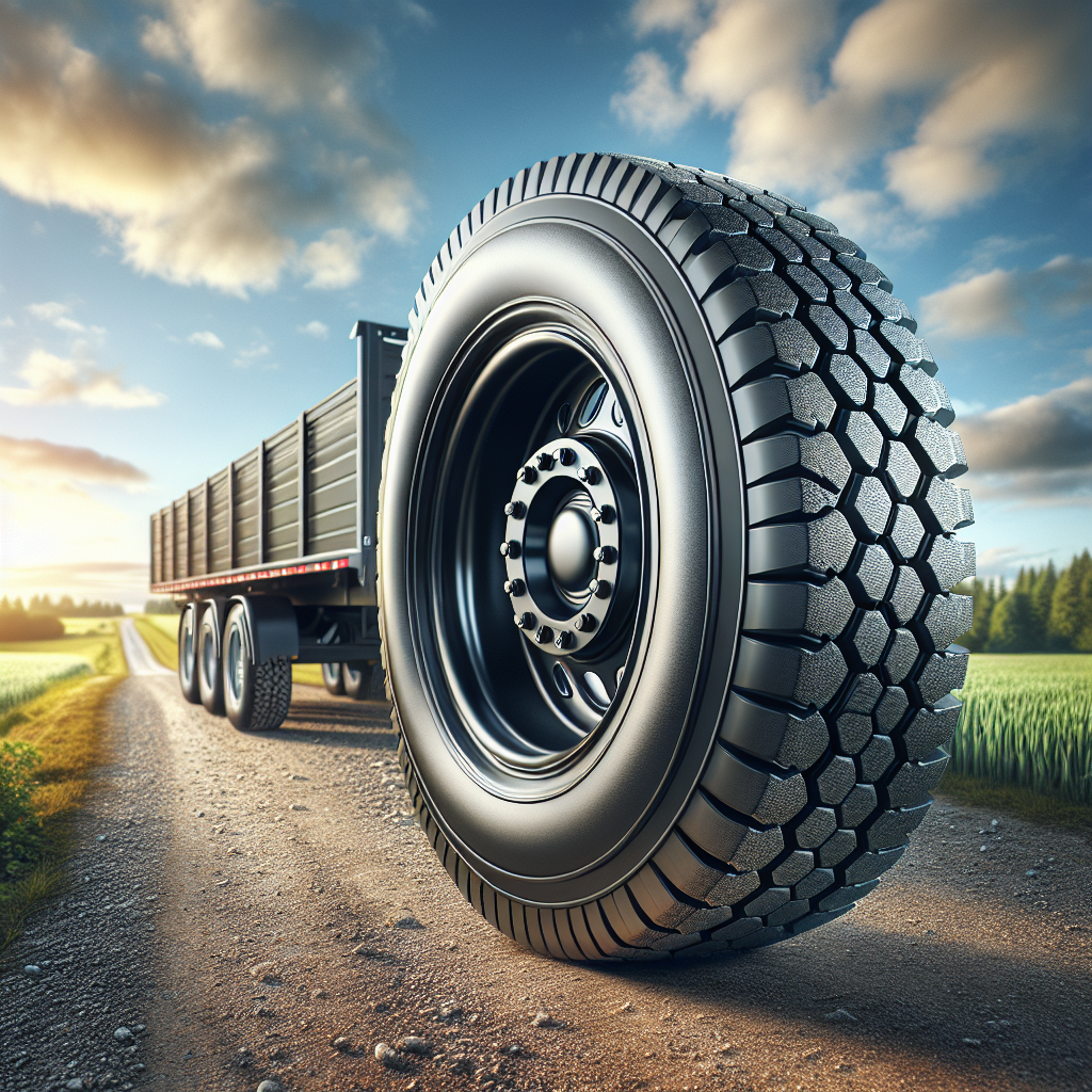 A close-up of a high-quality trailer tire on a gravel road.