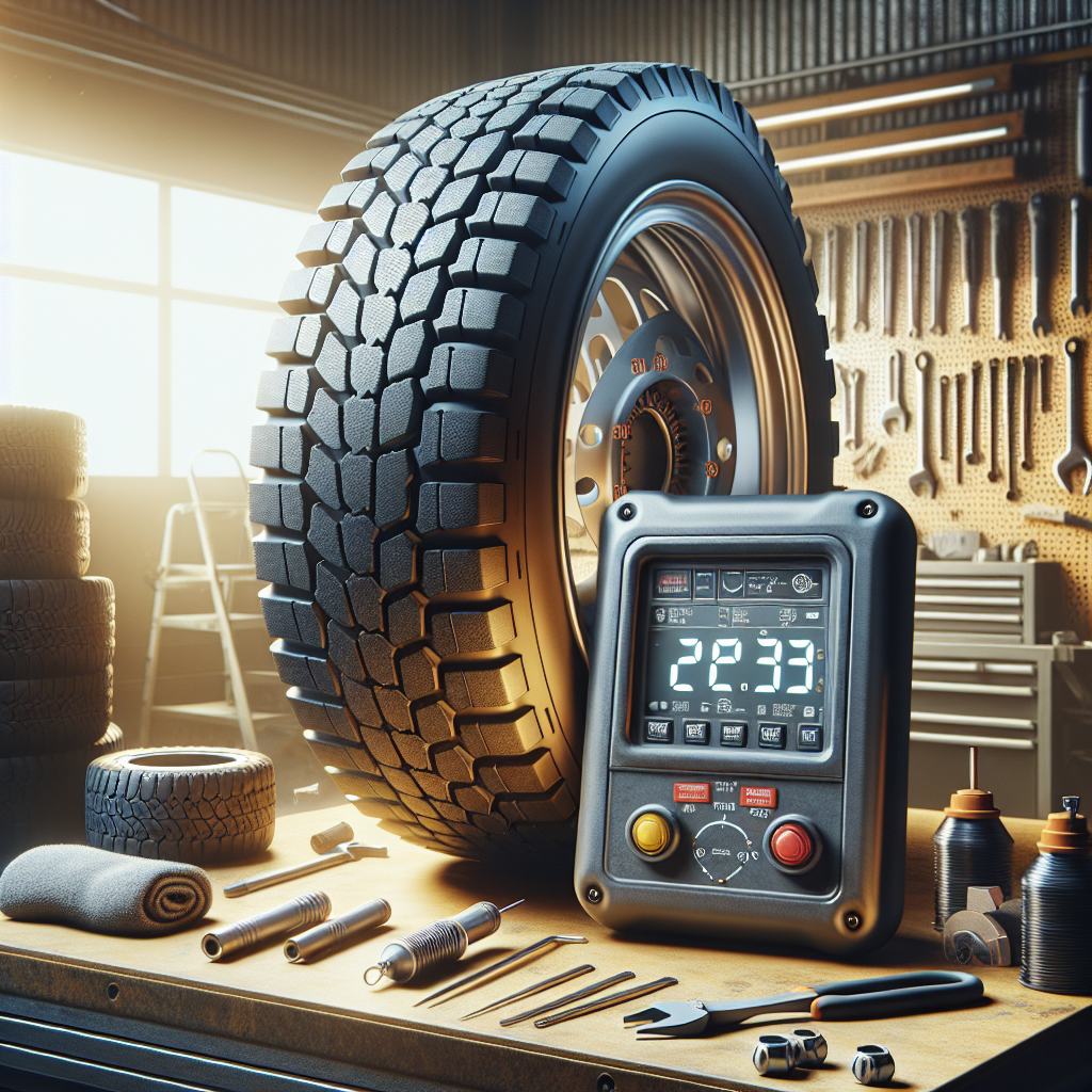 A detailed view of a tire with a digital temperature monitoring system in a garage.