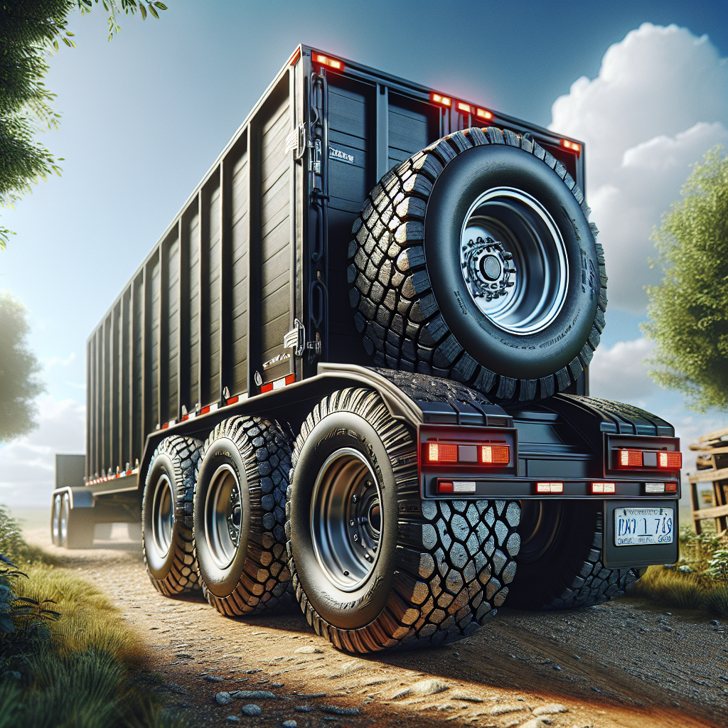 A trailer with high-quality tires in a scenic landscape.