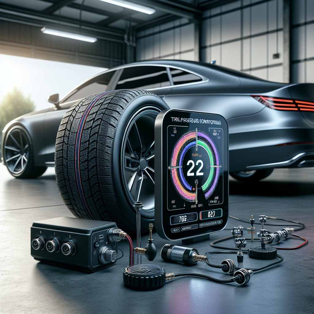 A tire pressure monitoring system setup in a car showing sensors, dashboard display, and receiver unit.