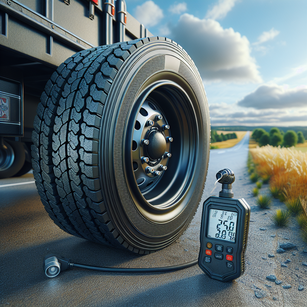 A close-up of a tire thermometer on a trailer tire, with a scenic road in the background.
