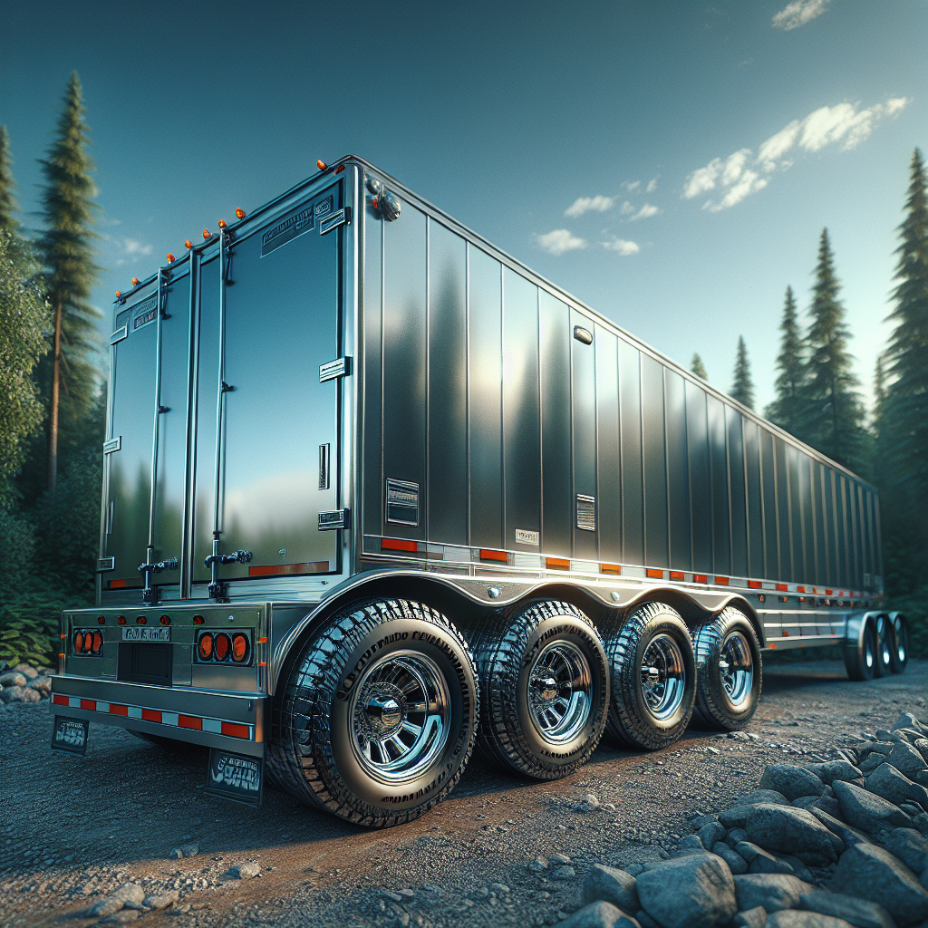 A trailer on a gravel road showcasing its tires in detailed condition.