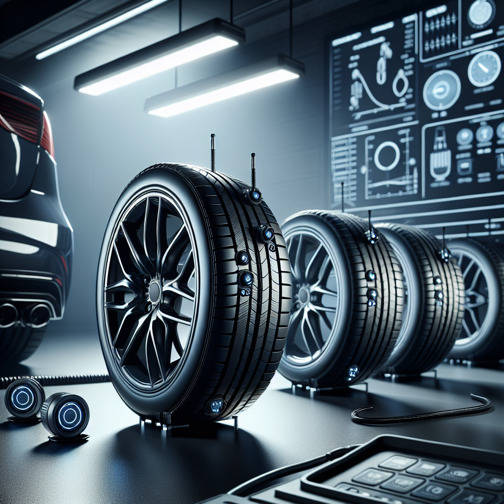 A tire pressure monitoring system with visible sensors on tires and a dashboard indicator.