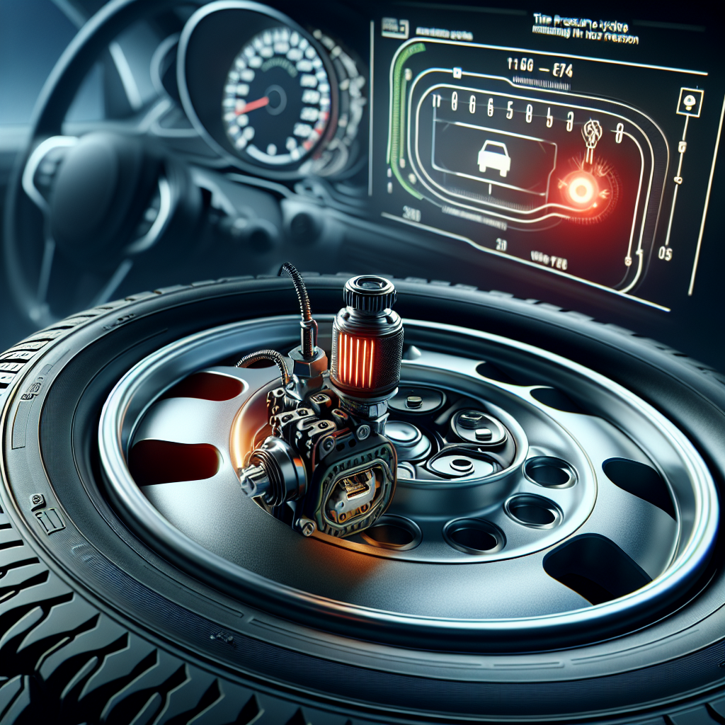 A detailed view of a tire pressure monitoring system inside a tire with a vehicle dashboard warning light.