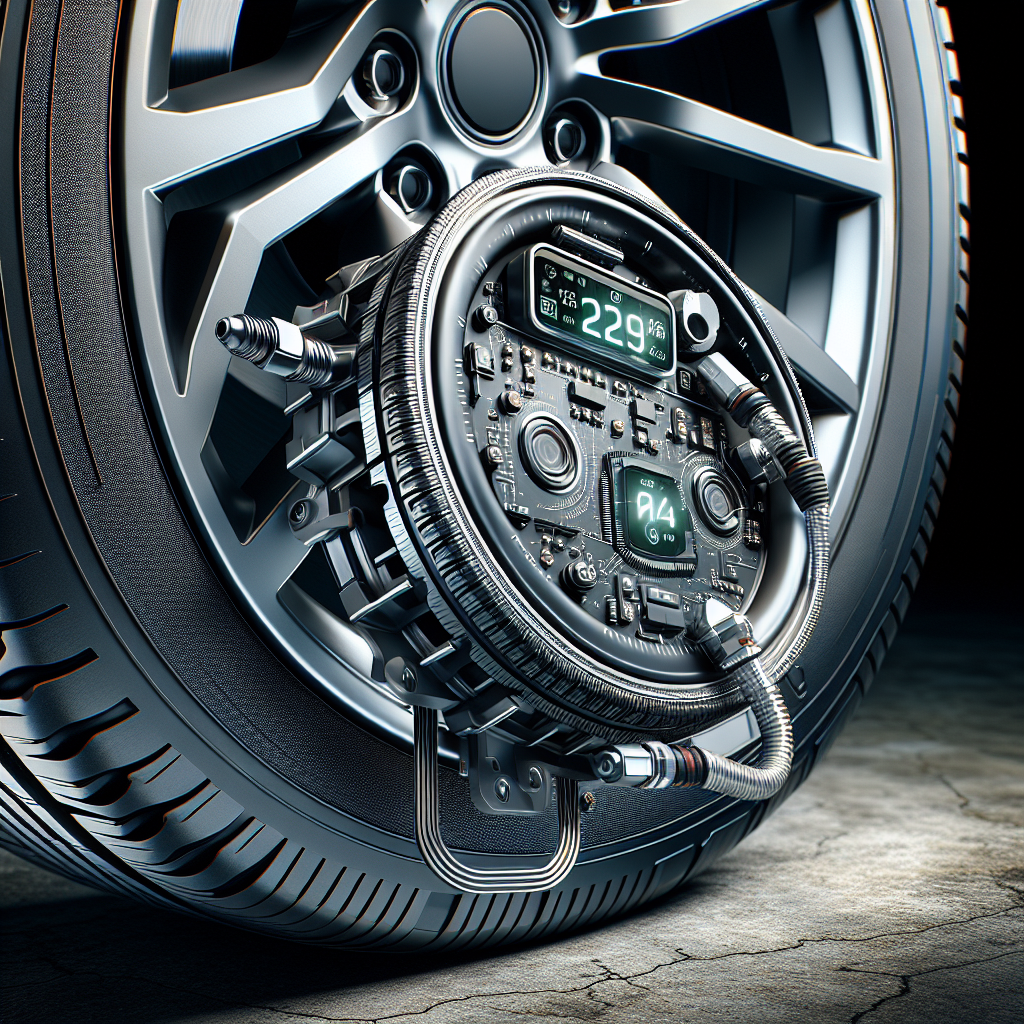 Close-up view of tire pressure sensors next to a vehicle tire.