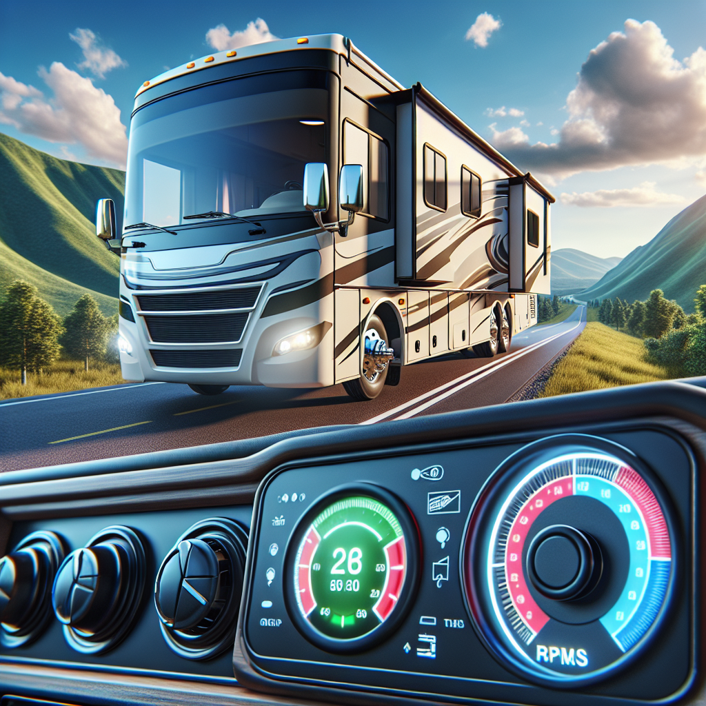 An RV on a scenic highway with a tire pressure monitoring system displayed inside.