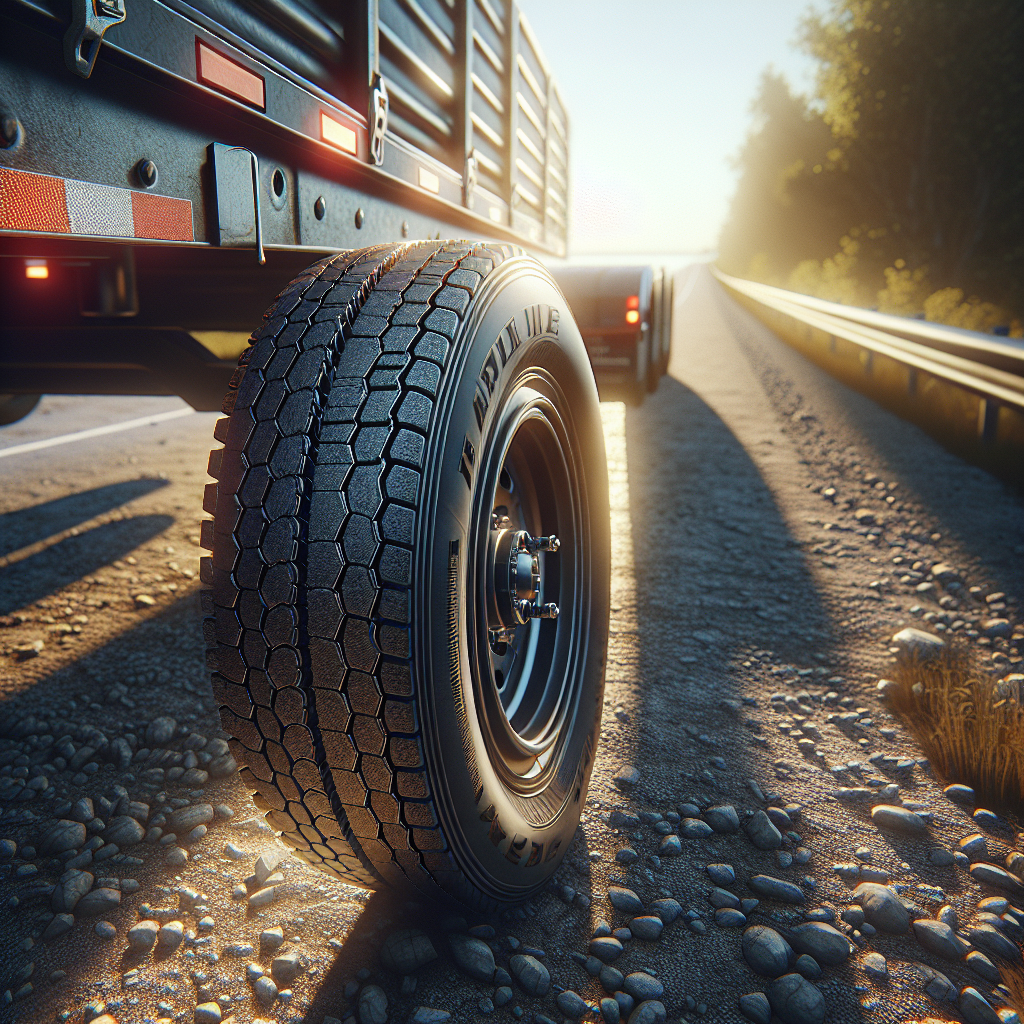 Close-up of a trailer tire on a gravel road with a blurred highway background.