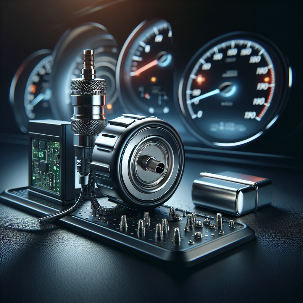 A tire pressure sensor system featuring a pressure transducer, a transmitter, and a battery on a vehicle dashboard.