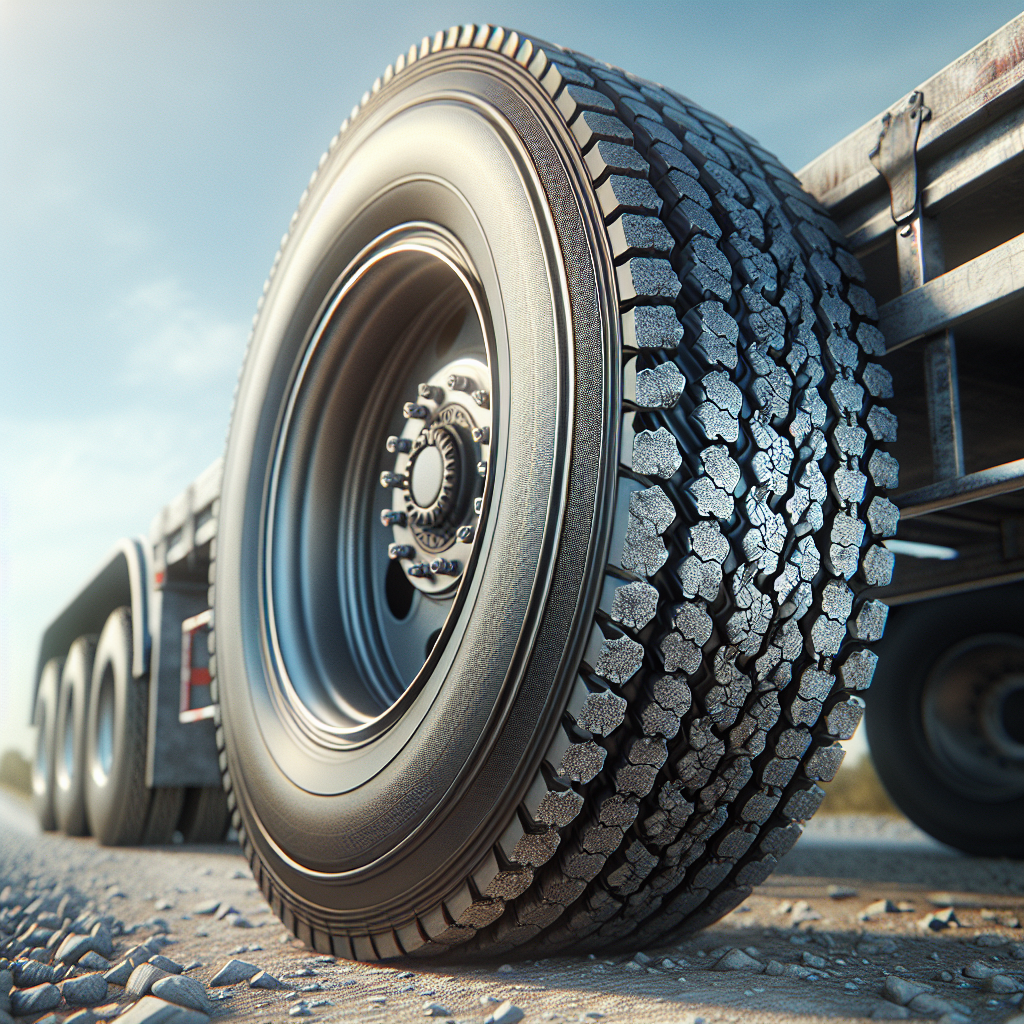 Close-up view of a trailer tire showing tread wear and damage against a blurred road background.