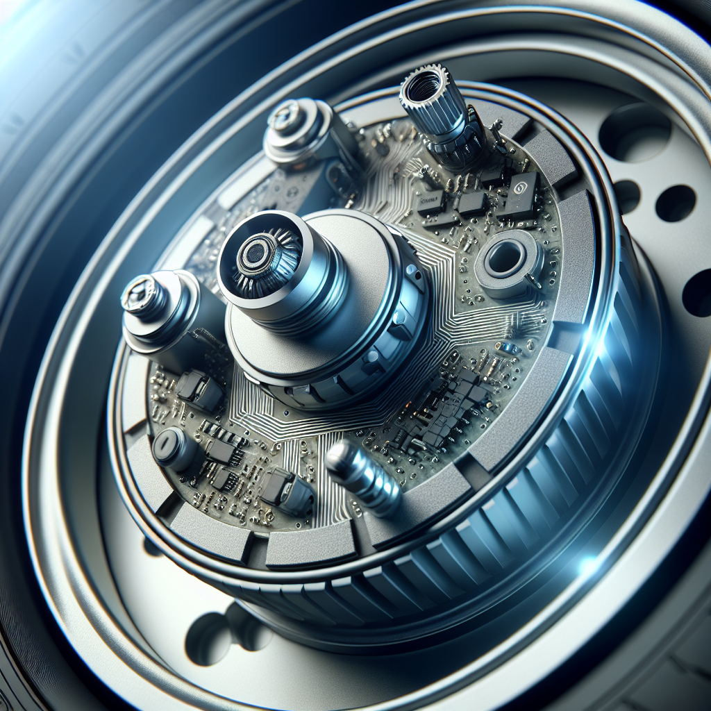 A close-up of a tire pressure sensor showing its metallic casing and electronic components.