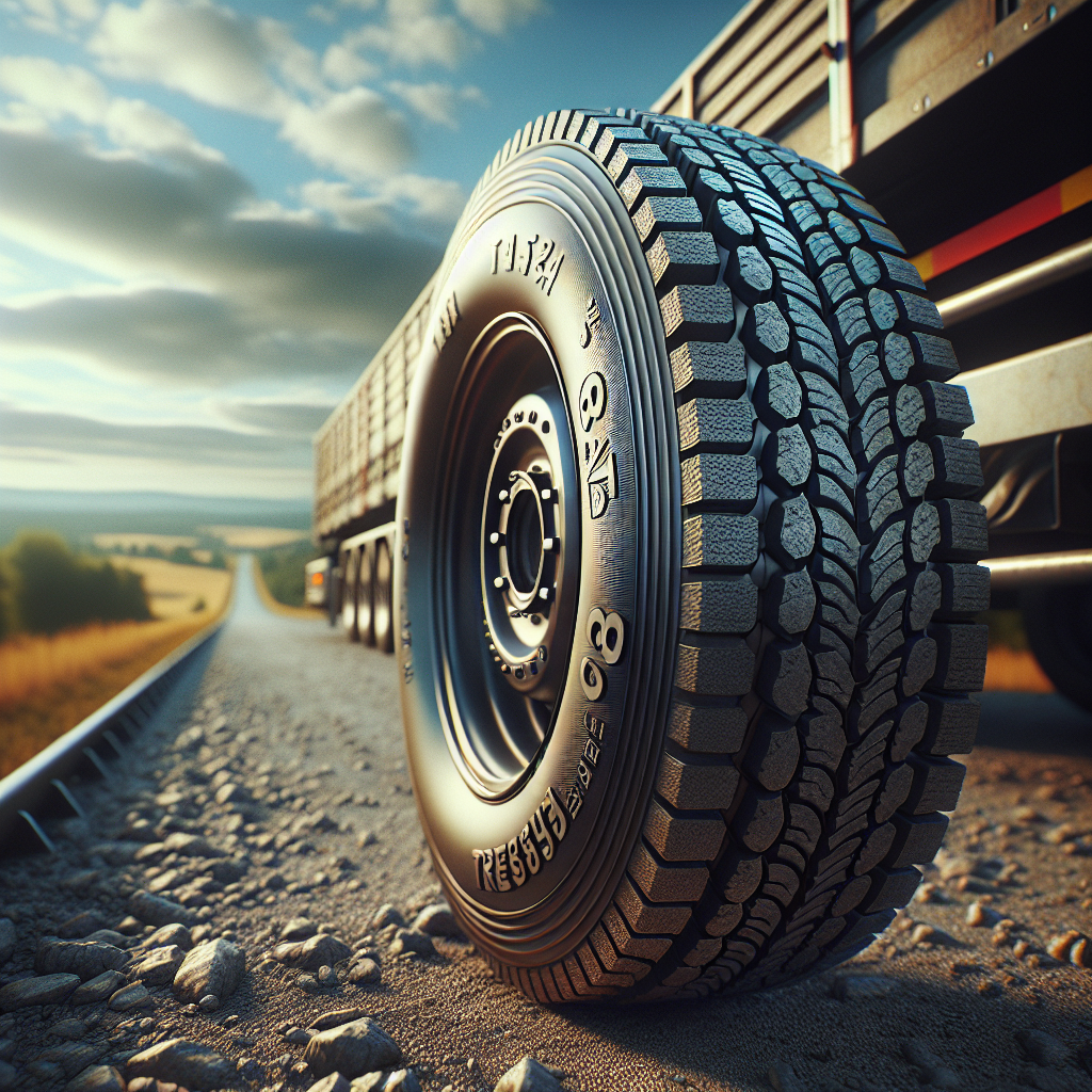 A close-up of a trailer tire on a gravel road, showing tread patterns and the temperature rating symbol.