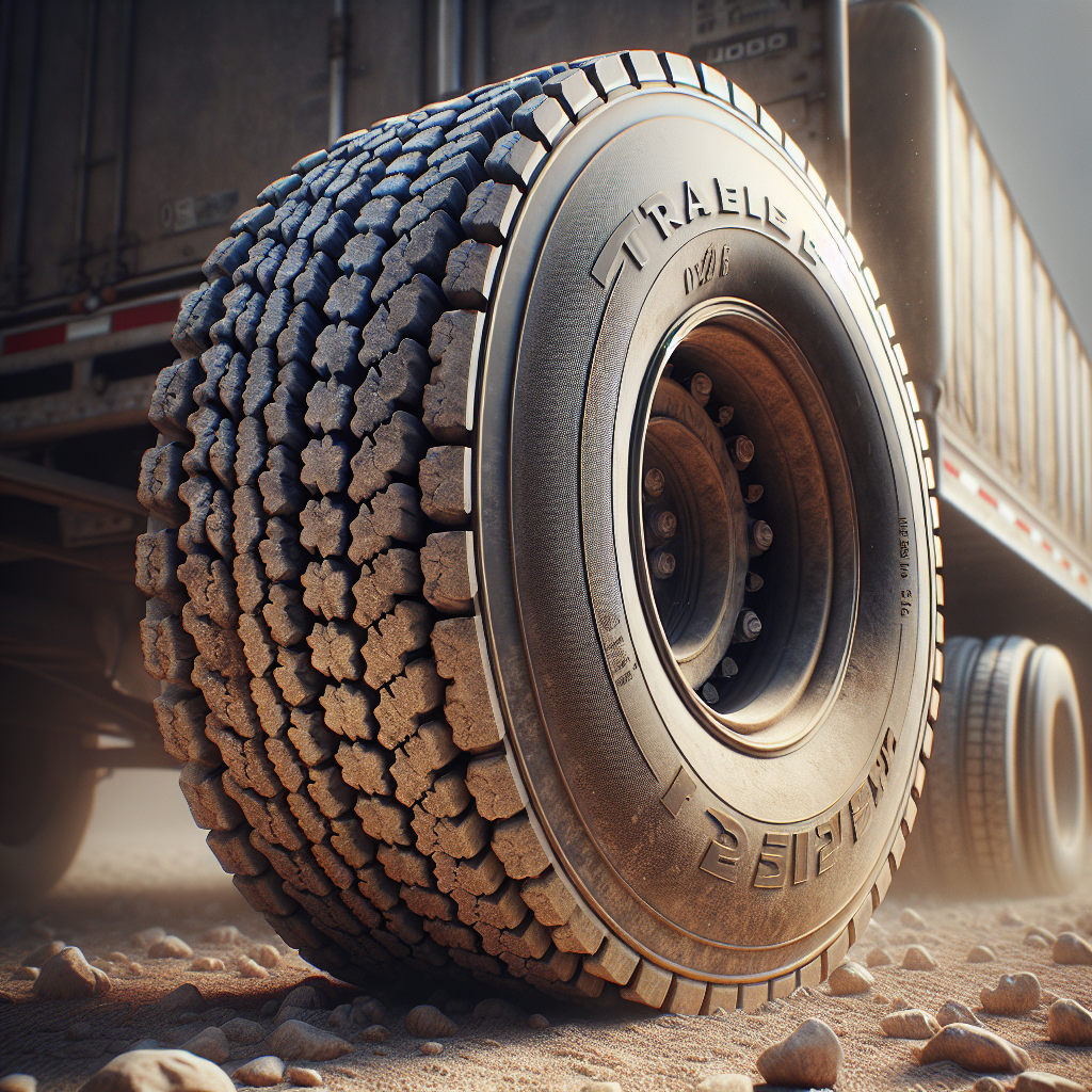 A close-up of a worn trailer tire on a gravel road.