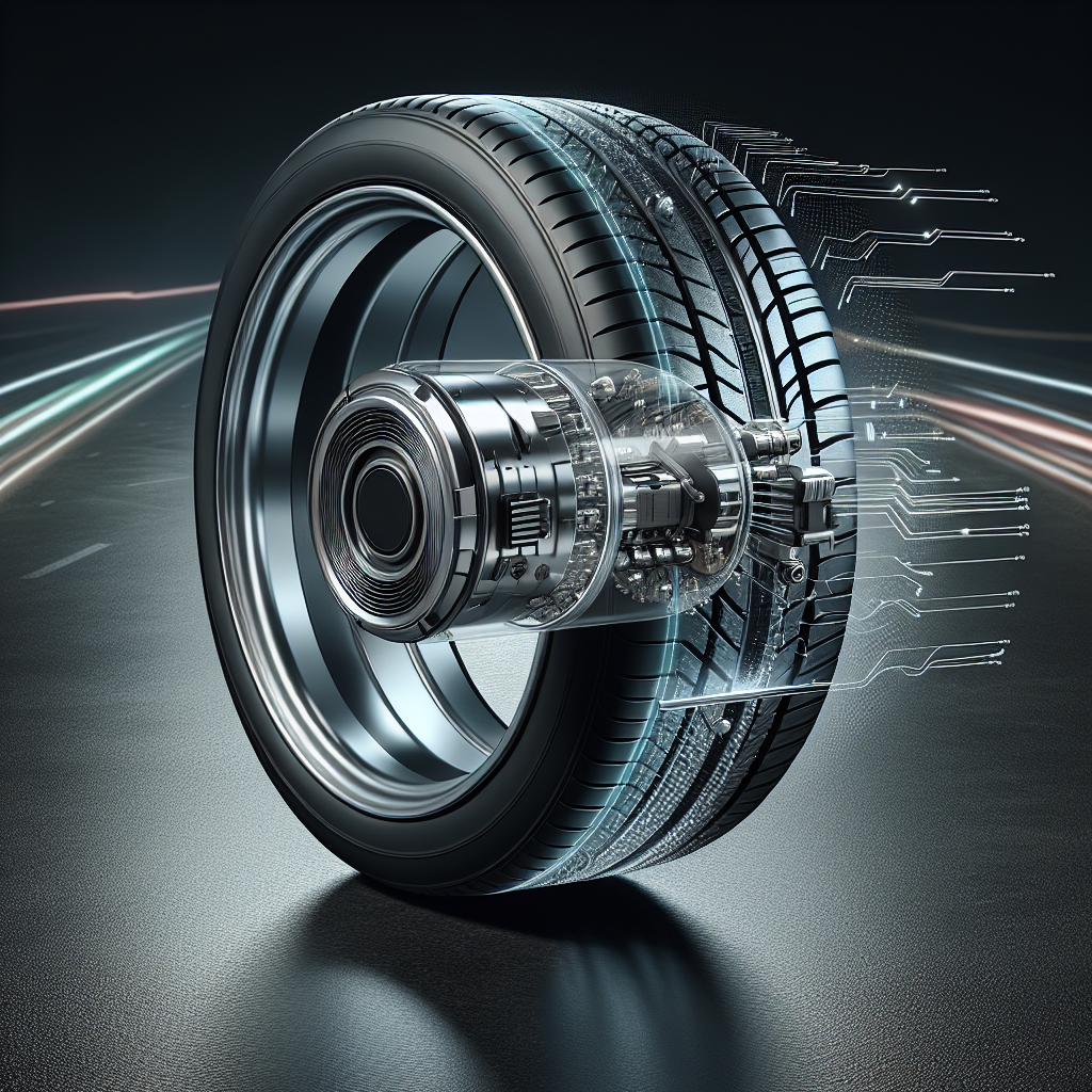 A realistic depiction of a tire pressure monitoring system sensor next to an abstract image of a tire and road.