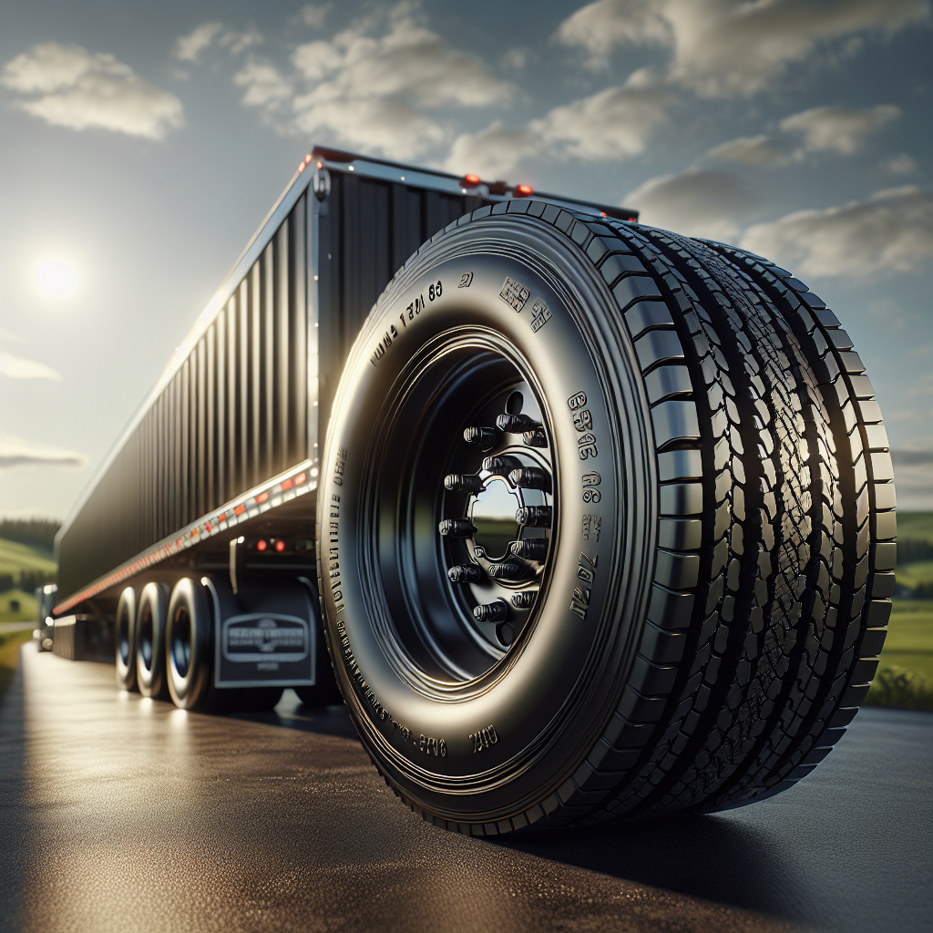 A heavy-duty trailer with detailed tires parked on asphalt, emphasizing tire maintenance.