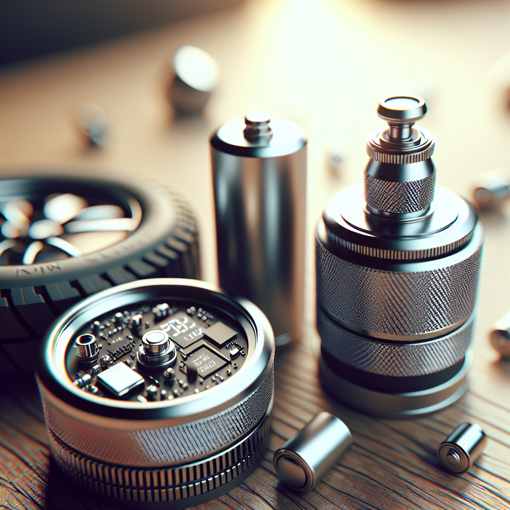 Detailed view of a tire pressure sensor with visible components like a transducer, transmitter, and battery.