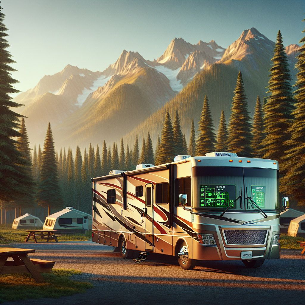 An RV with a tire pressure monitoring system display parked in a scenic campground.