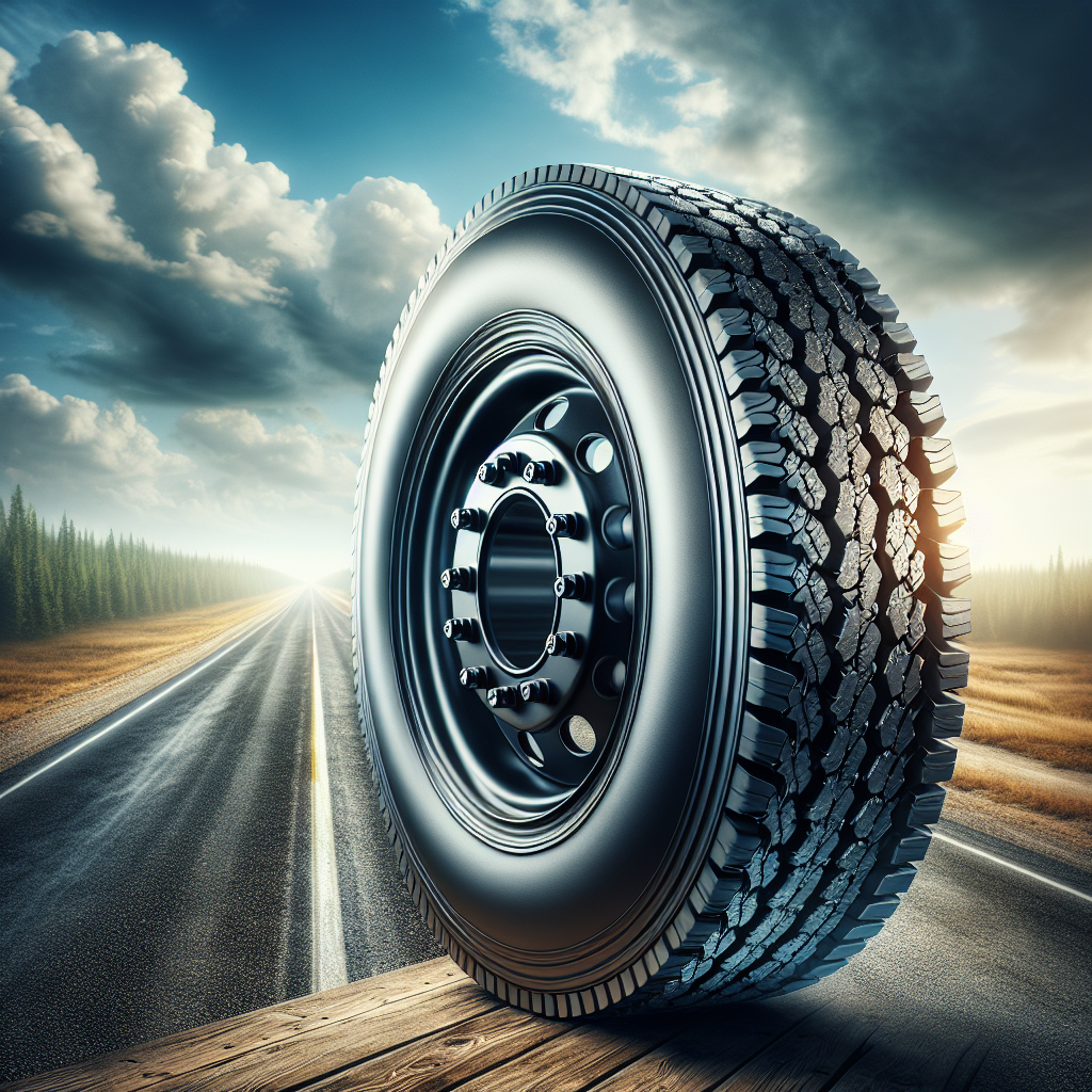 A close-up of a black trailer tire with detailed tread patterns against a blurred road landscape.