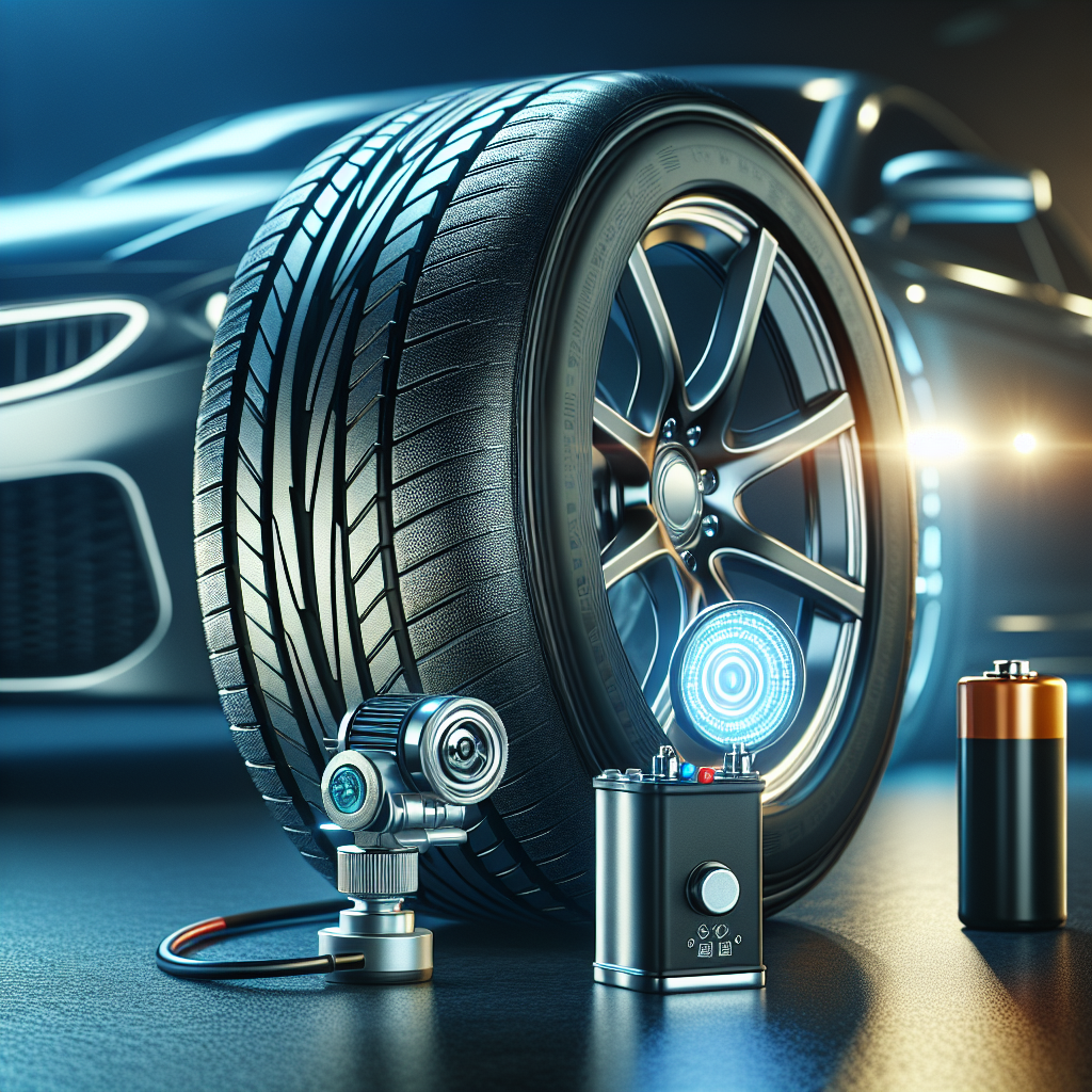 A detailed view of tire pressure sensors including a pressure transducer, transmitter, and battery near a tire.