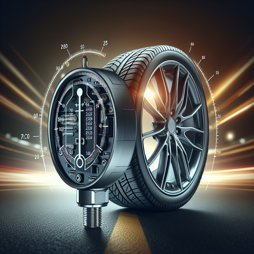 A close-up of a tire pressure monitoring sensor and a tire showing optimal pressure.