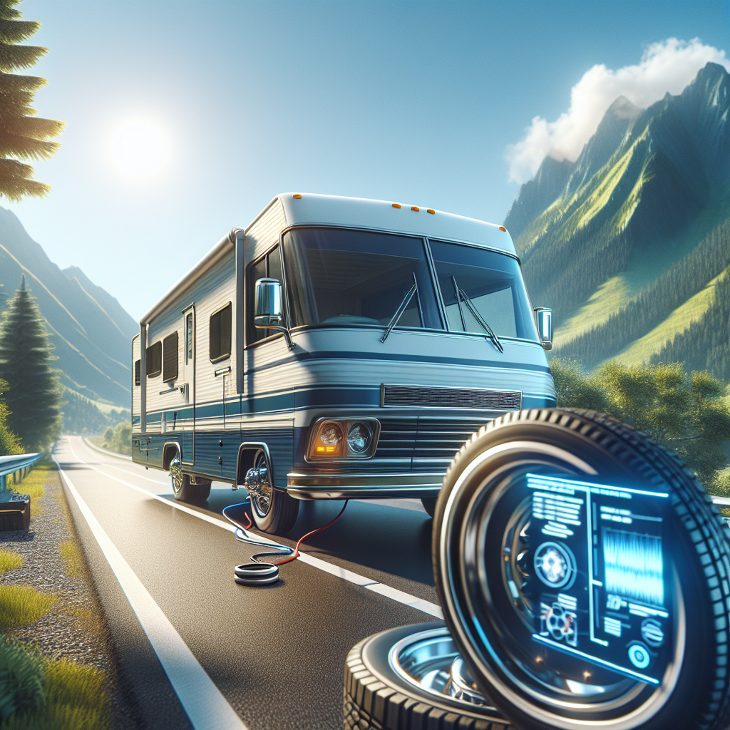 An RV parked on a scenic road, highlighting its tire pressure monitoring system.