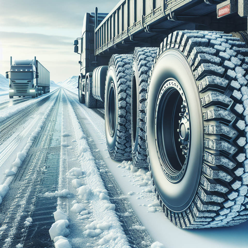 Temp B tires displayed in a challenging environment with icy roads and a heavy load trailer.