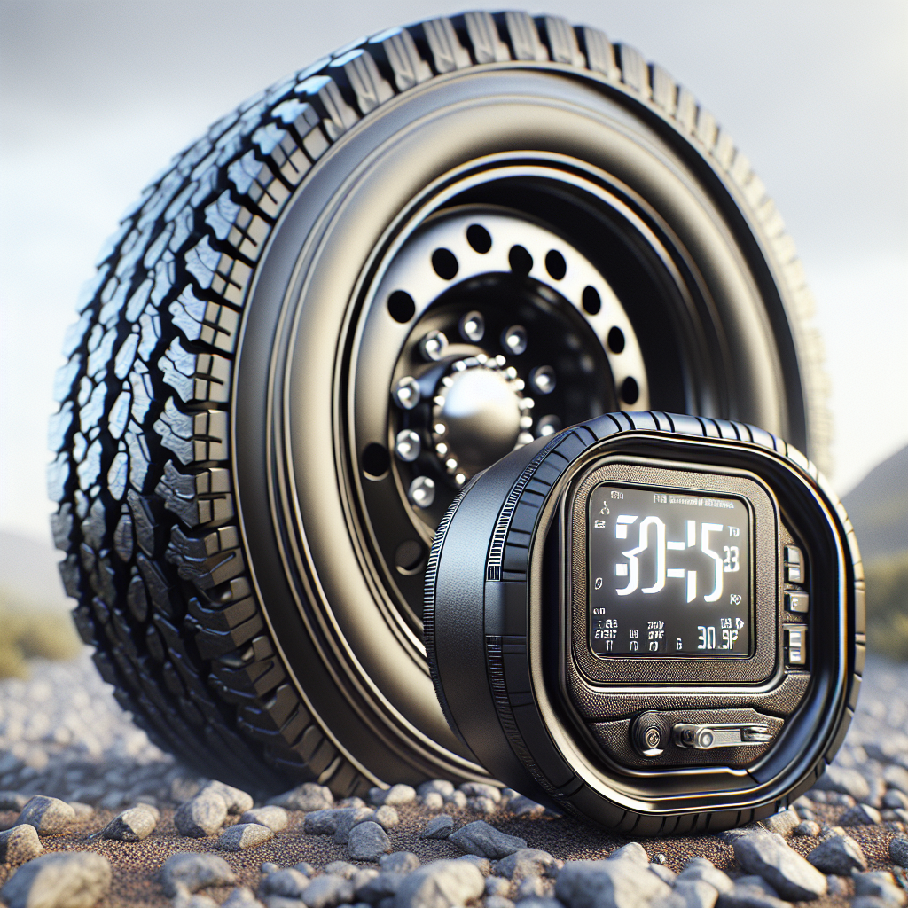 A close-up view of a trailer tire next to a tire pressure monitoring system.