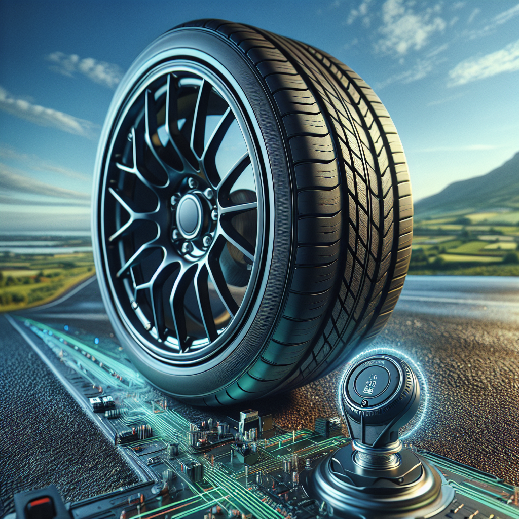 A detailed view of a tyre with a visible tyre pressure monitoring system sensor on a sunny road.