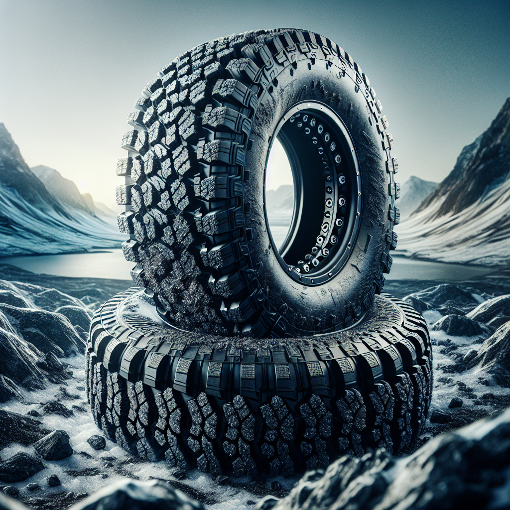 A set of Temp B tires on rugged terrain with icy patches and gravel, emphasizing durability.