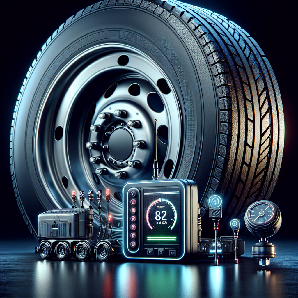 A Tyre Pressure Monitoring System (TPMS) next to a trailer tire.