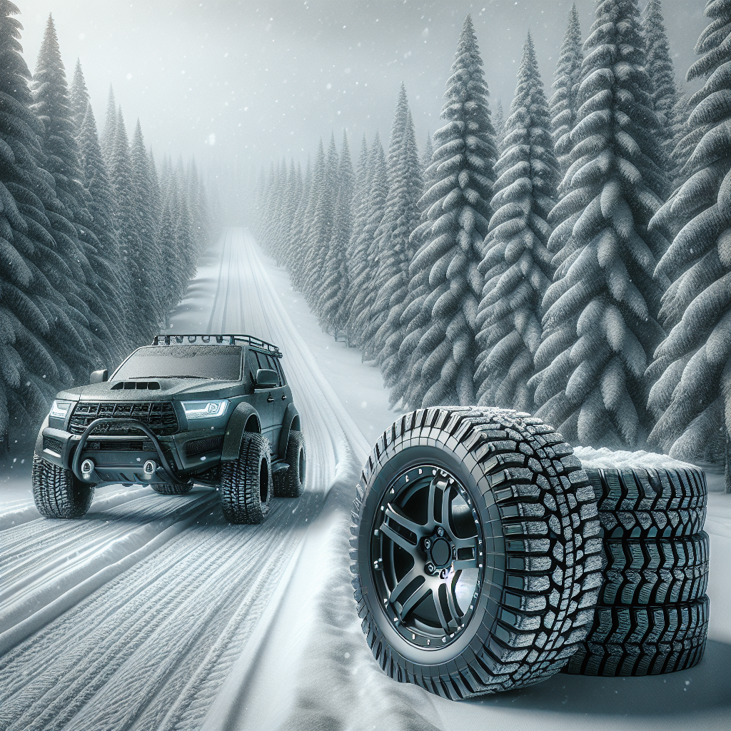 A vehicle with Temp B tires parked on a snowy road with pine trees.