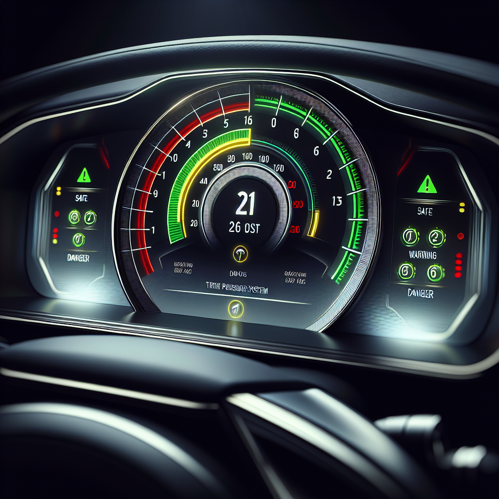 A tire pressure monitoring system display showing tire pressure levels in a car interior.