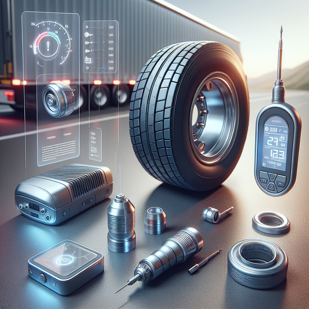 A close-up illustration of Tyre Pressure Monitoring System components, including a pressure sensor, receiver unit, and dashboard indicator.
