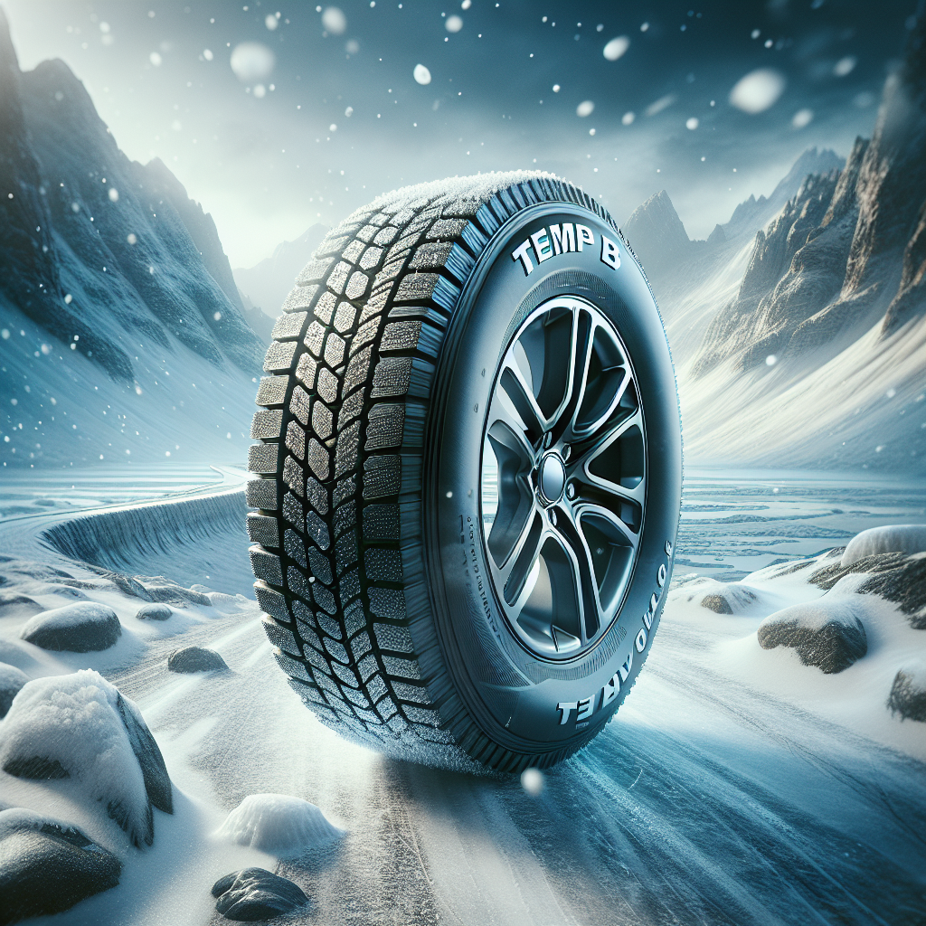 A Temp B tire displayed in a snowy landscape, emphasizing its durability and traction.