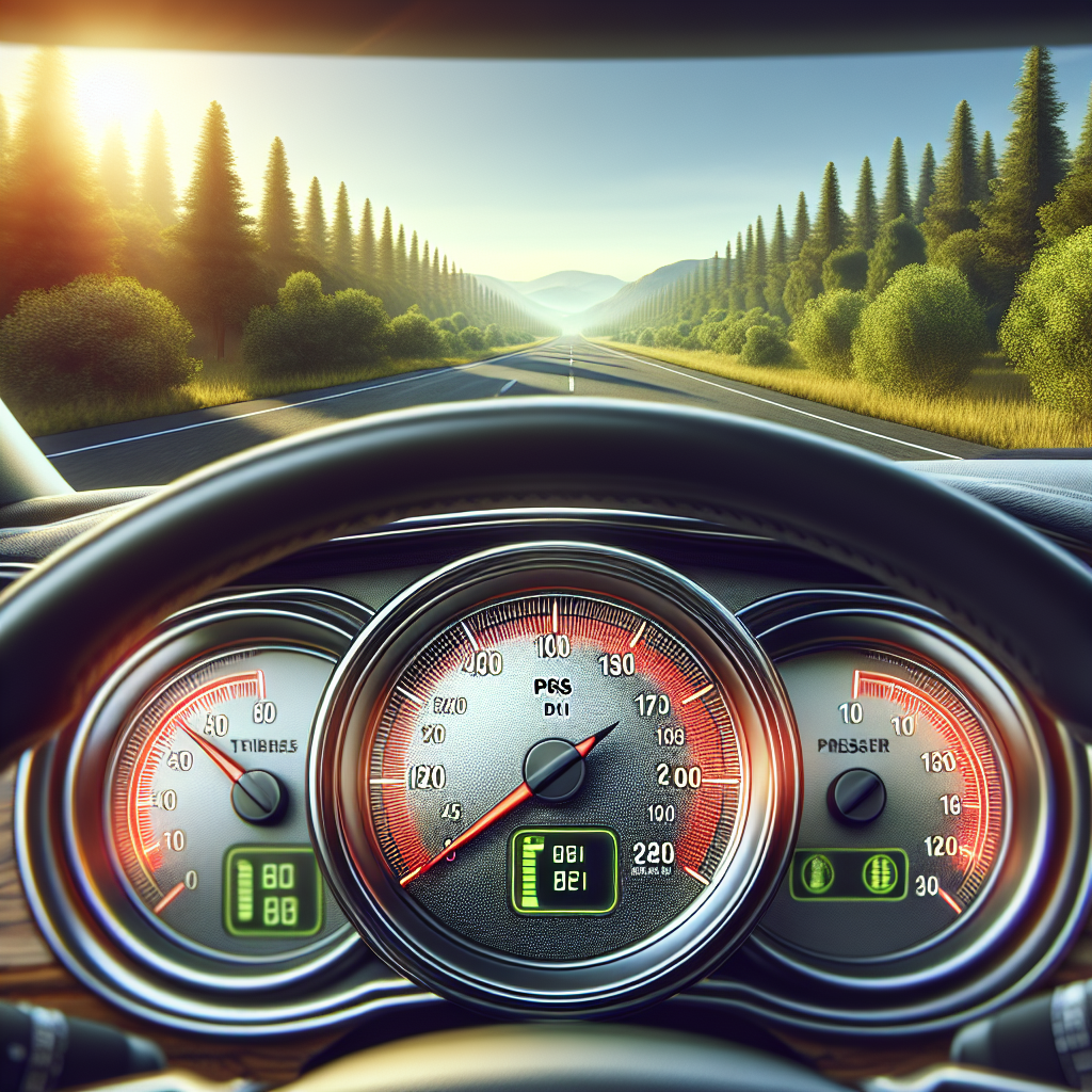 A car dashboard showing tire pressure levels with a highway in the background.