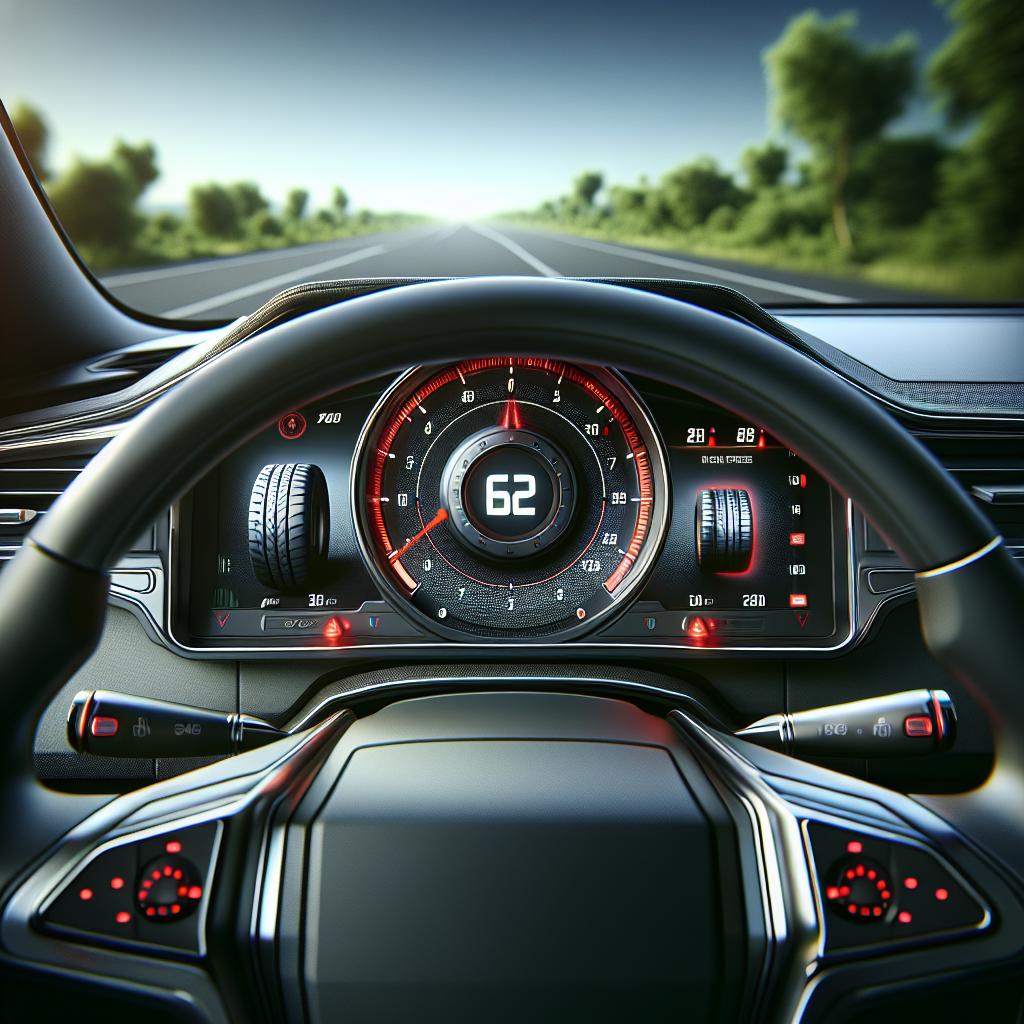A realistic dashboard of a car showing the Tyre Pressure Monitoring System display.