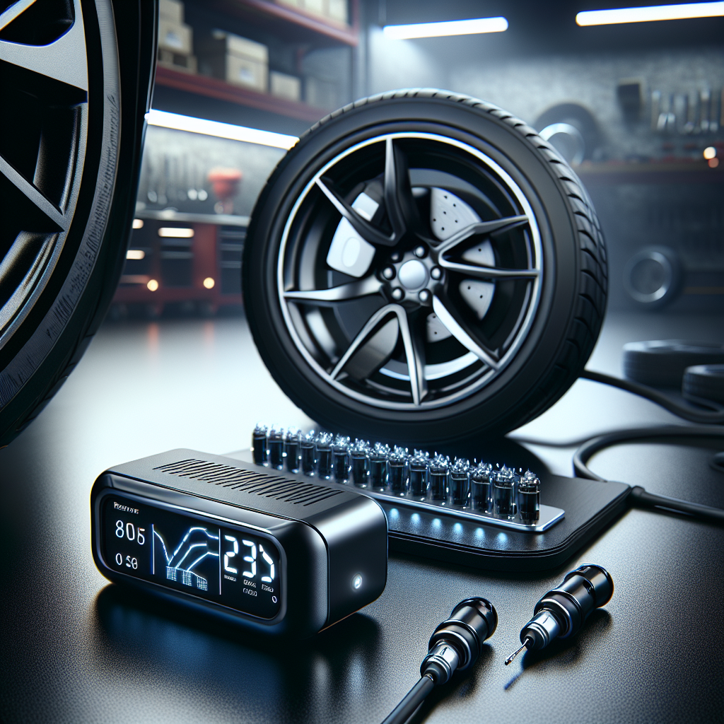 An illustration of a Tyre Pressure Monitoring System including sensors, a receiver unit, and a dashboard indicator.