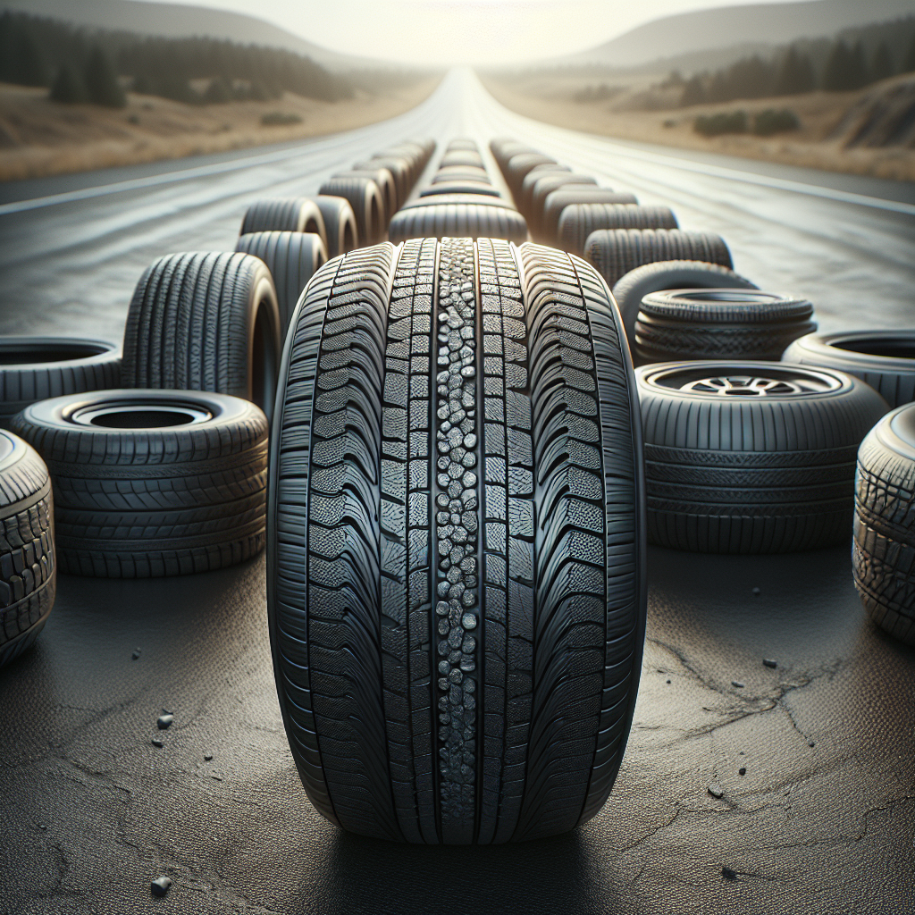 A variety of tyres in different conditions on a paved road, highlighting wear patterns and textures.