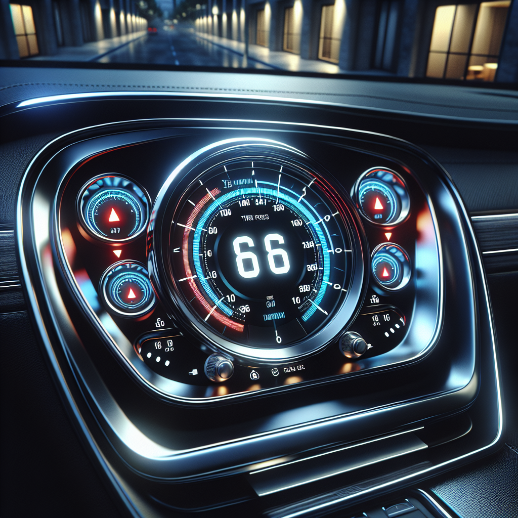 A tire pressure monitoring system on a vehicle dashboard showing tire pressure readings.
