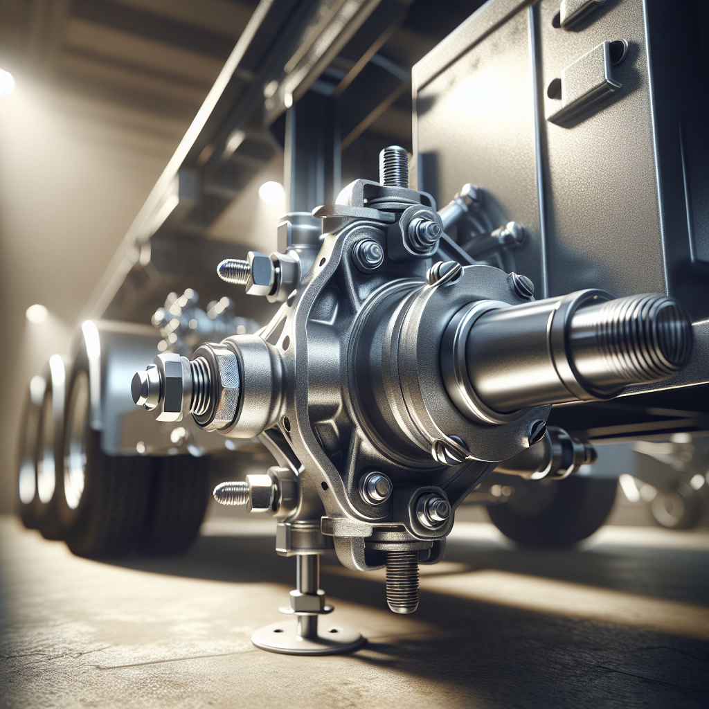Close-up of a trailer axle showcasing its metallic design and structural components.