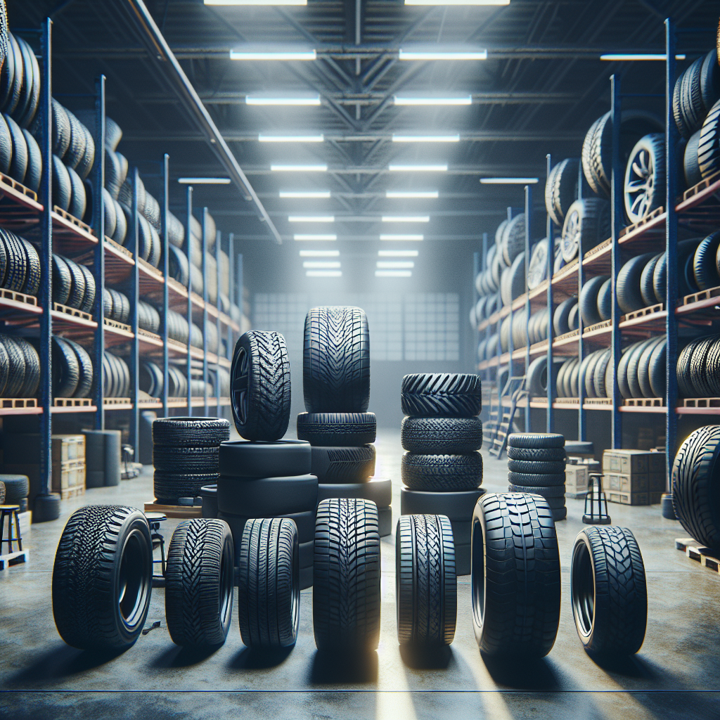 A collection of various types of tyres displayed on a workshop shelf.