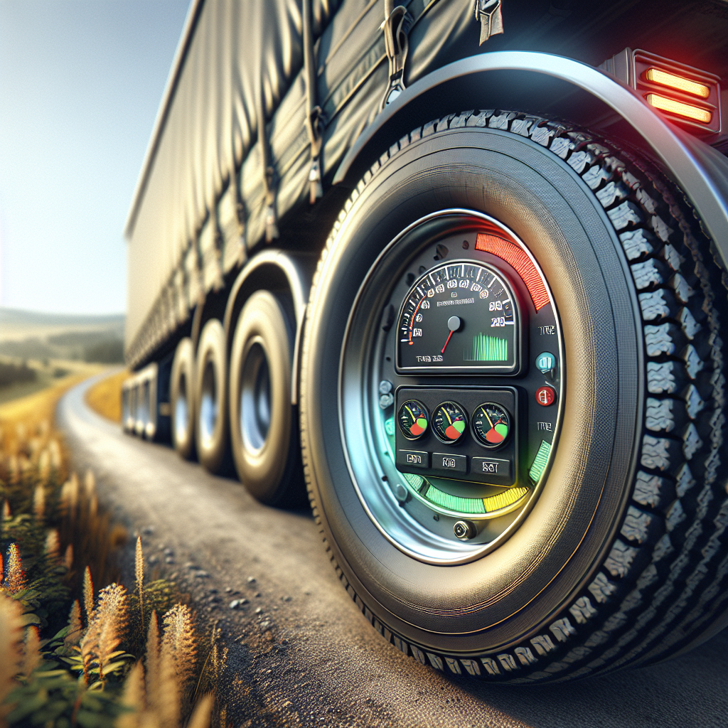 A close-up of a Steelmate TPMS system on a trailer tire with a monitoring display.