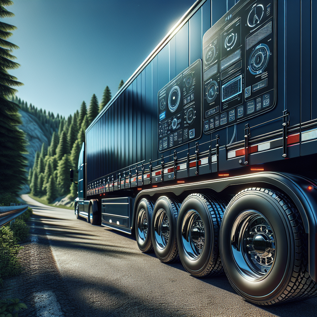 A trailer with Treadwear 800 monitoring system, parked on a road with trees, showcasing its tires.