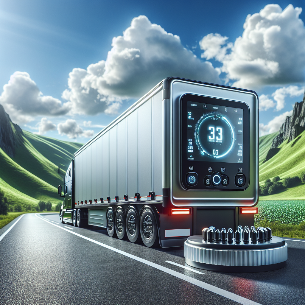 A trailer parked on a highway with a Steelmate TPMS device visible on the dashboard.