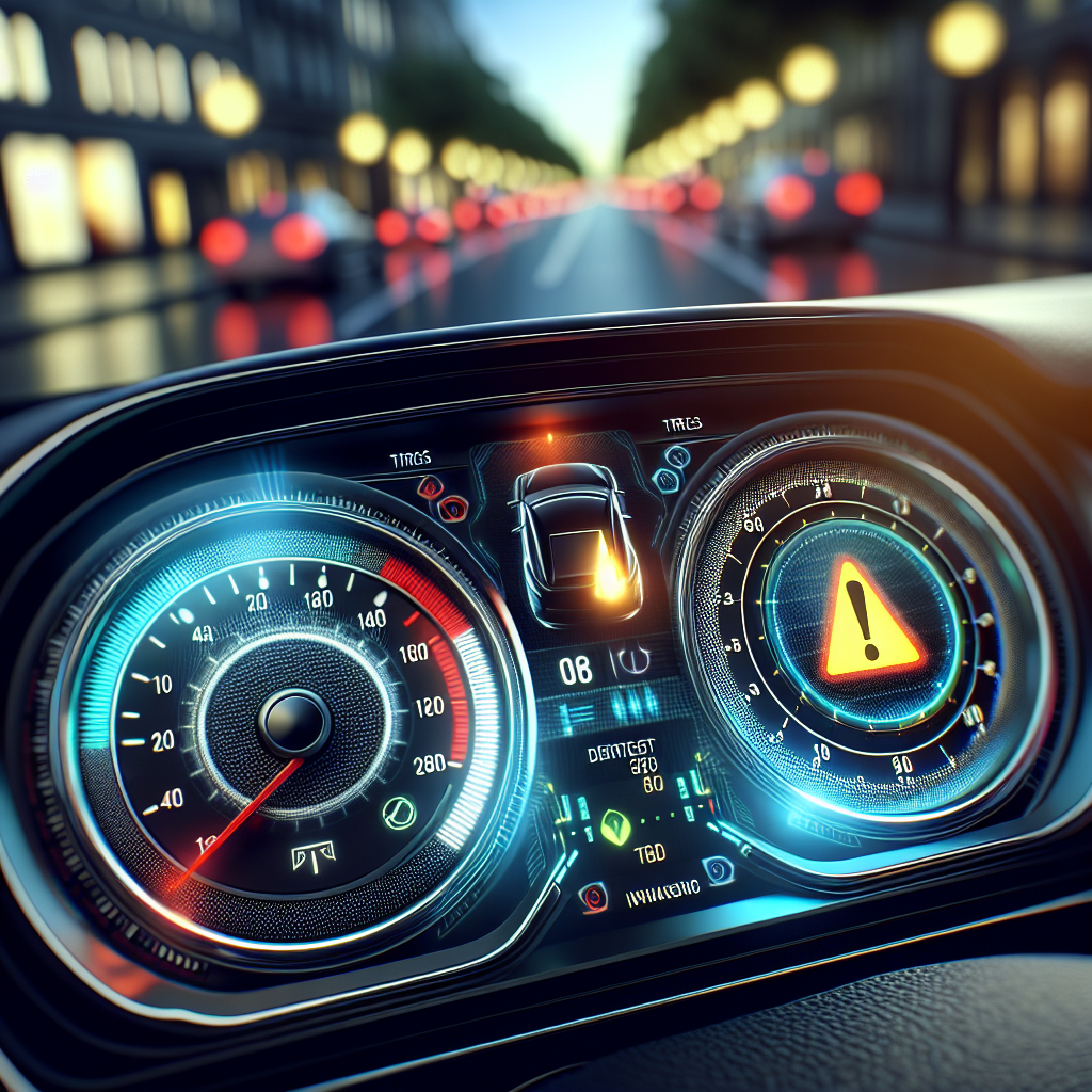 A dashboard featuring a Tire Pressure Monitoring System with illuminated warning lights and gauges.