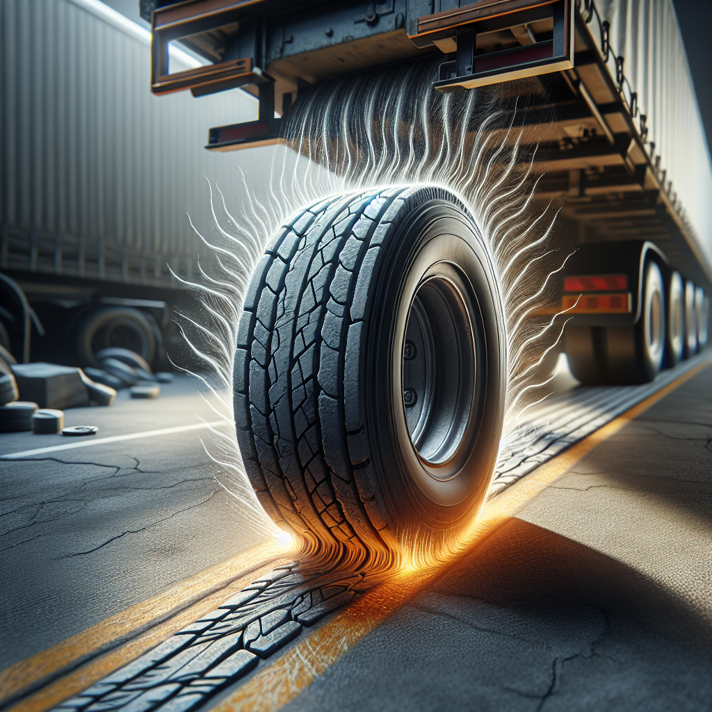 Close-up of a worn trailer tire on an asphalt road.