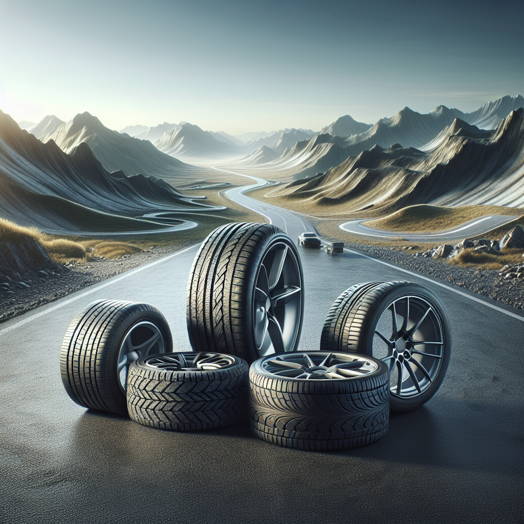 Different types of tyres displayed on an asphalt road with potholes.